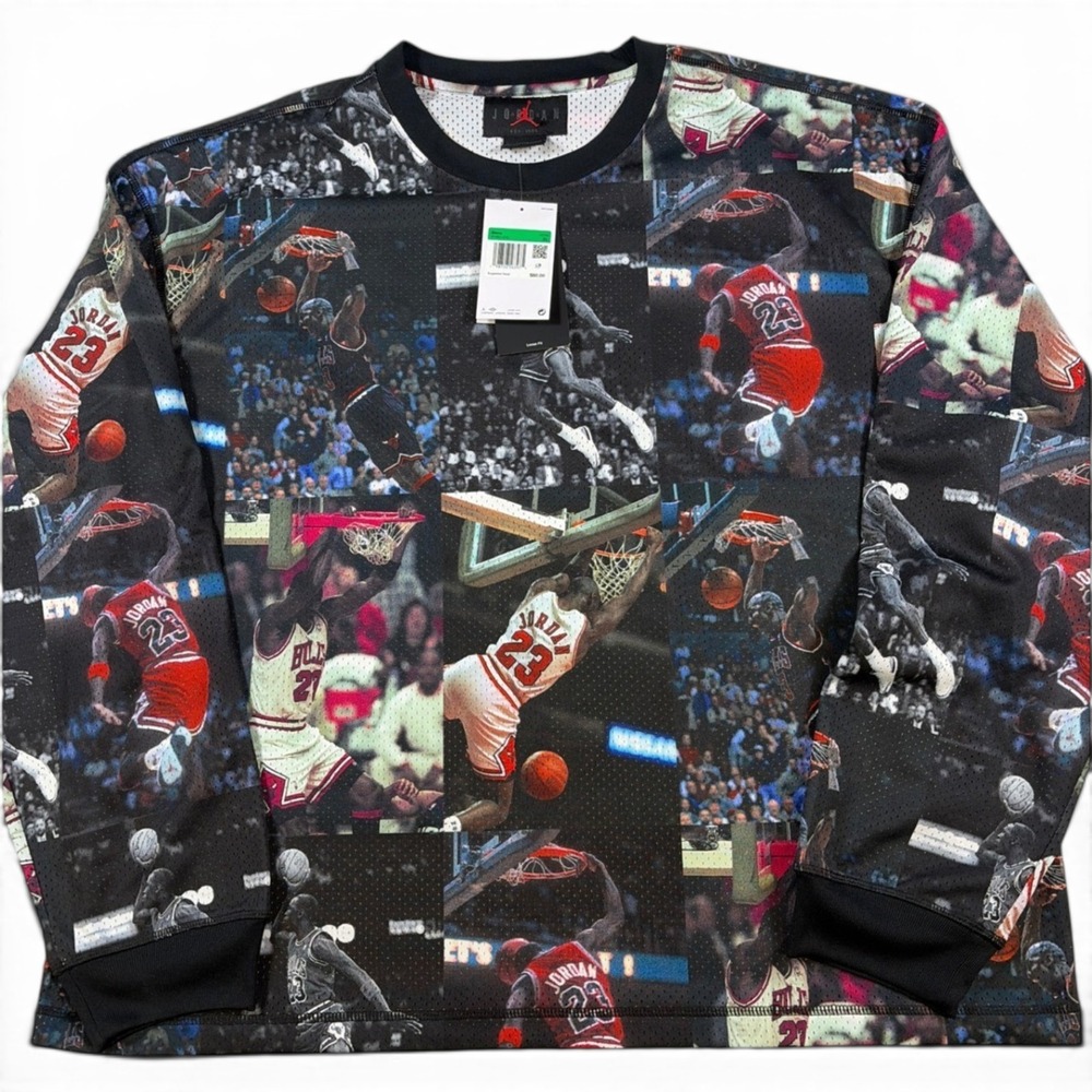 NWT Nike Jordan Flight Mens Photo Collage Mesh Long Sleeve Shirt XL Black Multi